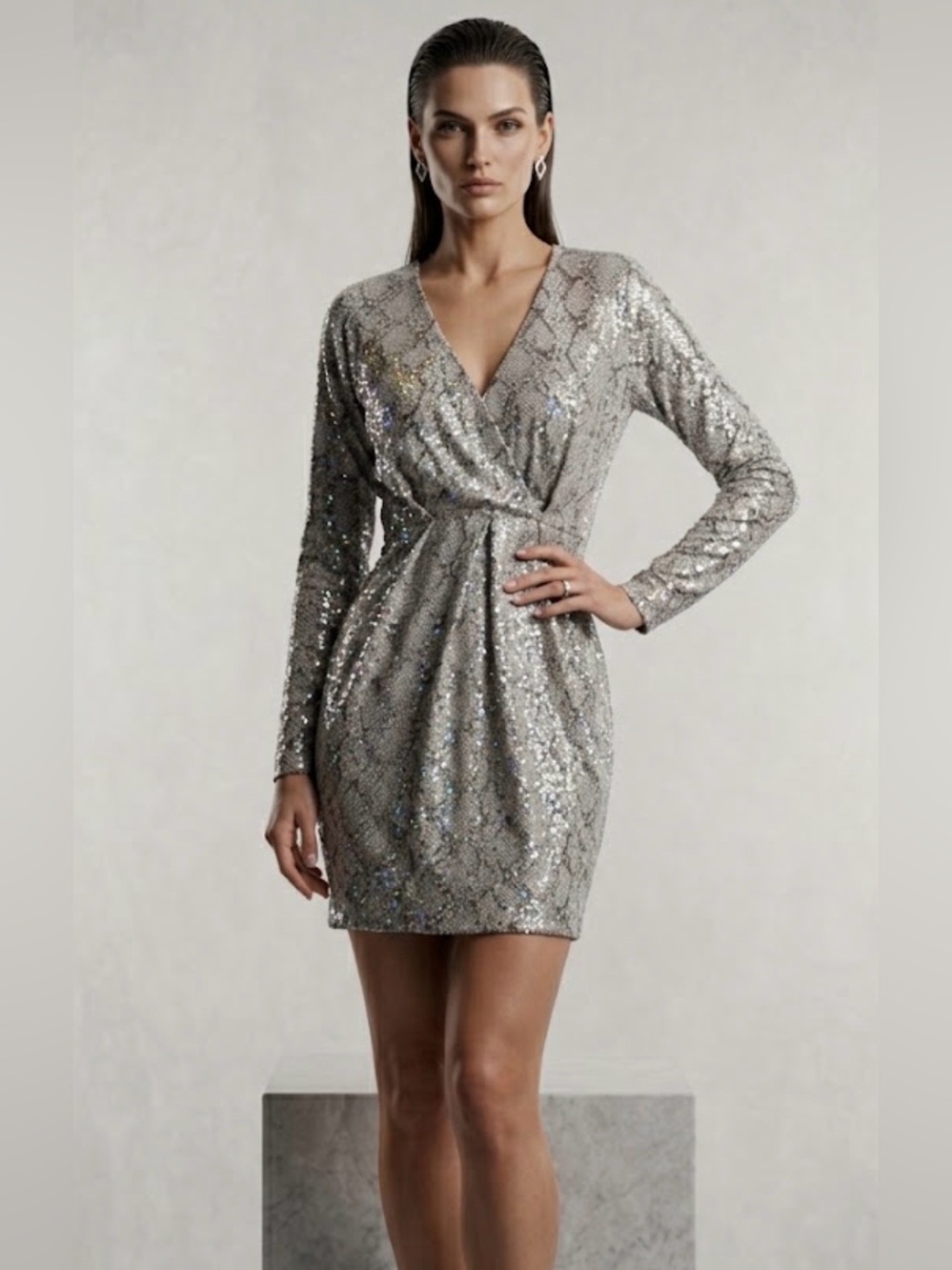NWT! Endless Rose Taupe Metallic Snake Print Long Sleeve Mini Dress